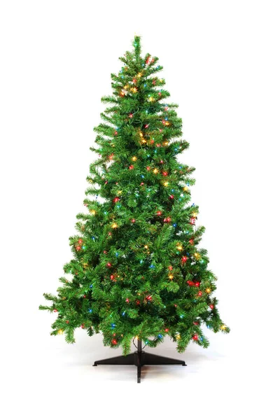 Різдвяна ялинка з барвистими вогнями ізольовані на білому — стокове фото