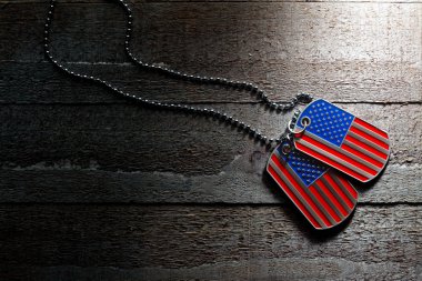 USA dog tags on wooden background clipart