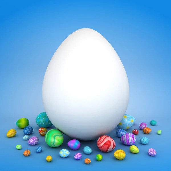 Huevo blanco rodeado de coloridos huevos de Pascua —  Fotos de Stock