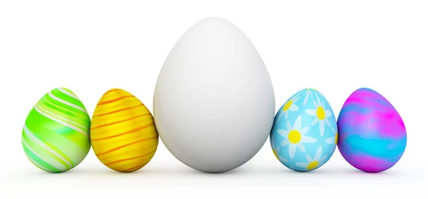 Line of colorful Easter eggs with large white egg — Stock Photo, Image