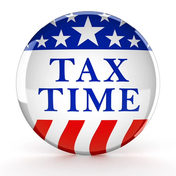 Tiempo de impuestos escrito en un botón rojo, blanco y azul — Foto de Stock