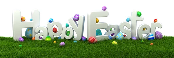 Joyeux texte de Pâques avec des œufs colorés sur herbe verte - rendu 3d — Photo