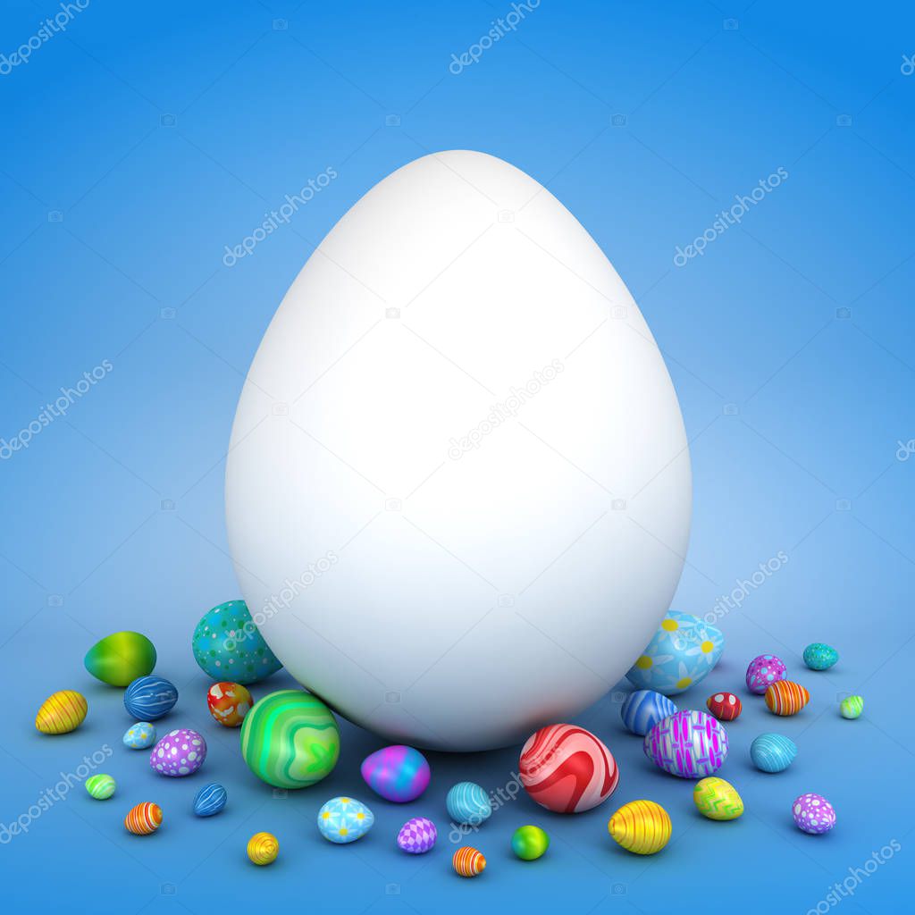 White egg surrounded by colorful Easter eggs