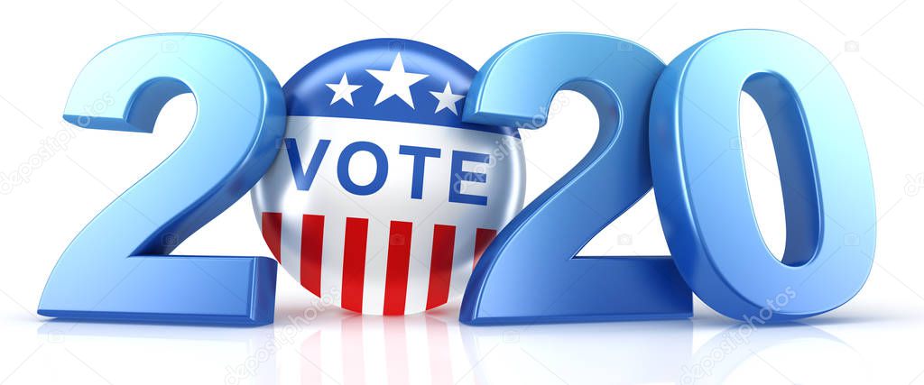 Vote 2020. Red, white, and blue voting pin in 2020 with Vote tex