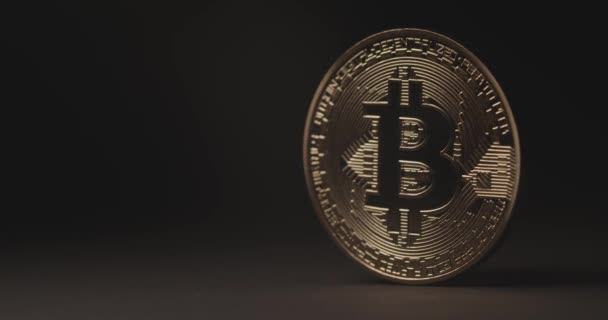 Eine Einzige Goldene Bitcoin Münze Die Gleißendes Licht Reflektiert Wohlstand — Stockvideo