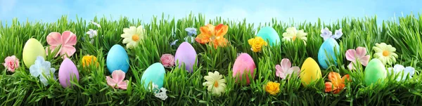 Luminose Uova Pasqua Colorate Erba Verde Con Fiori Contro Cielo — Foto Stock