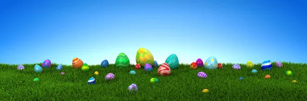Colorful Easter Eggs Green Grass Blue Sky Render — Stock Photo, Image