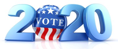 Vote 2020. Red, white, and blue voting pin in 2020 with Vote text. 3d render. clipart