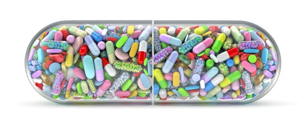 カラフルな丸薬で満たされた大きな丸薬 3Dレンダリング — ストック写真