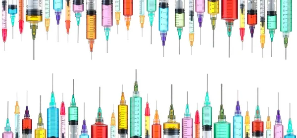 Rangées Seringues Aiguisées Remplies Couleurs Vives Concept Médicaments Médicaments Vaccins — Photo