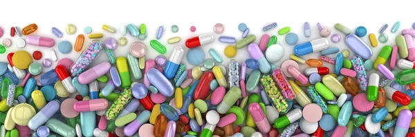 Cuidados Saúde Pilha Temática Pílulas Coloridas Render — Fotografia de Stock