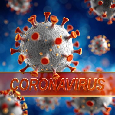 Roman Coronavirus, 2019-nCoV veya SARS-CoV-2, küresel grip salgınının nedeni. Mikroskobik virüs Corona virüs metniyle yakın konsept. 3d oluşturma.