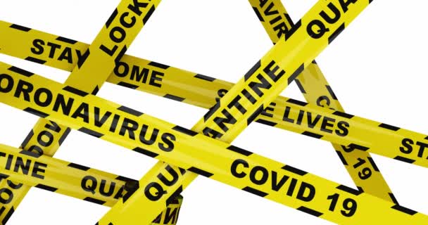 コロナウイルスと黄色の警告テープ コヴィド19 家庭の保存生活を滞在 ロックダウンテキスト 感染の警告 画面全体に圧延 マスク付き 3Dレンダリング — ストック動画