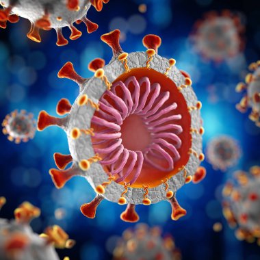 Roman Coronavirus, 2019-nCoV veya SARS-CoV-2, küresel grip salgınının nedeni. Mikroskobik virüs iç yapıyı gösteren yakın konsept. 3d oluşturma.