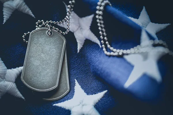 Worn Usa Military Dog Tags Close American Flag Blank Space — Stock Photo, Image