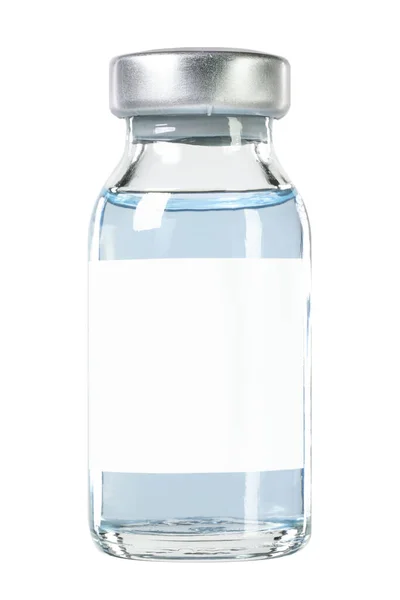 青い液体で満たされたガラスワクチン薬瓶テキスト用の白いラベルが付いています 白に隔離された — ストック写真