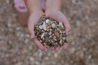 Kumsalda çakıl taşlarıyla el ele tutuşup oynuyoruz.