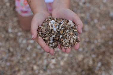 Kumsalda çakıl taşlarıyla el ele tutuşup oynuyoruz.