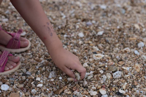 Hands holding and playing with pebbles on the beach