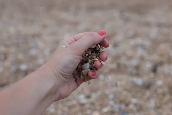 Hands holding and playing with pebbles on the beach