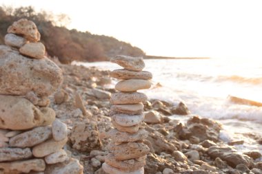 Deniz kenarında güzel bir gün doğumu, okyanus yaşamının bitki örtüsü, arka plan suyu ve günbatımı romantik ruh hali.