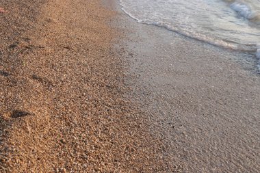Makro fotoğraf, deniz kenarında küçük çakıl taşları, doğal arka plan.