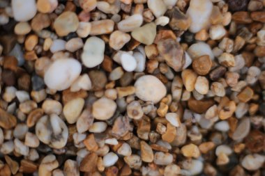 Makro fotoğraf, deniz kenarında küçük çakıl taşları, doğal arka plan.