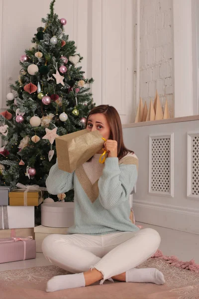 Retrato Navideño Una Hermosa Mujer Con Cabello Castaño Ambiente Juguetón — Foto de Stock