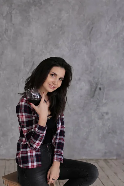 Beautiful Slender Girl Short Dark Hair Burgundy Checkered Shirt Glass — ストック写真