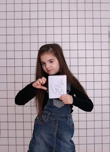 Young Smiling Girl Eight Years Long Hair Black Turtleneck Denim — Stockfoto