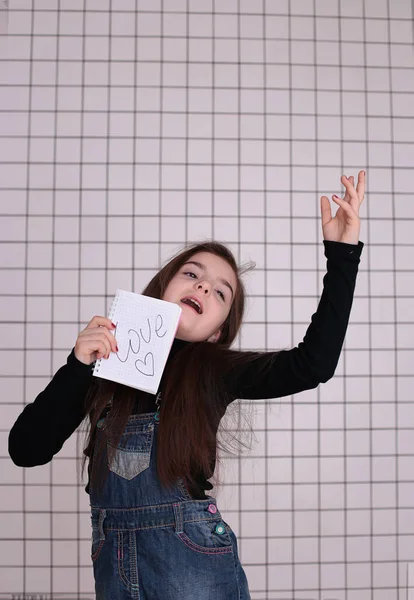 Young Smiling Girl Eight Years Long Hair Black Turtleneck Denim — Stockfoto