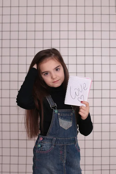 Young Smiling Girl Eight Years Long Hair Black Turtleneck Denim — Stockfoto