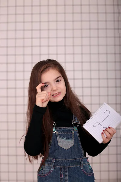 Young Smiling Girl Eight Years Long Hair Black Turtleneck Denim — 스톡 사진