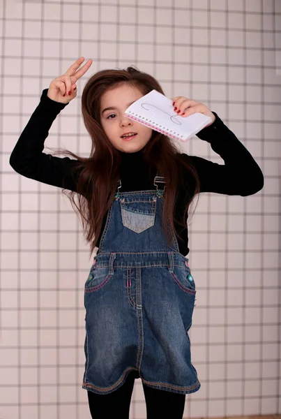 Young Smiling Girl Eight Years Long Hair Black Turtleneck Denim — 스톡 사진