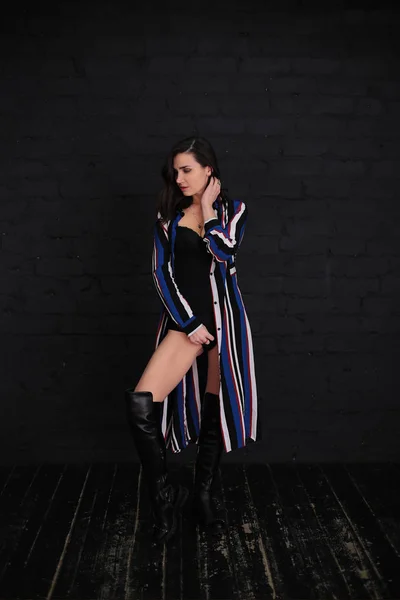 Portrait Beautiful Young Woman Dark Hair Black Bodysuit Striped Cardigan — 스톡 사진