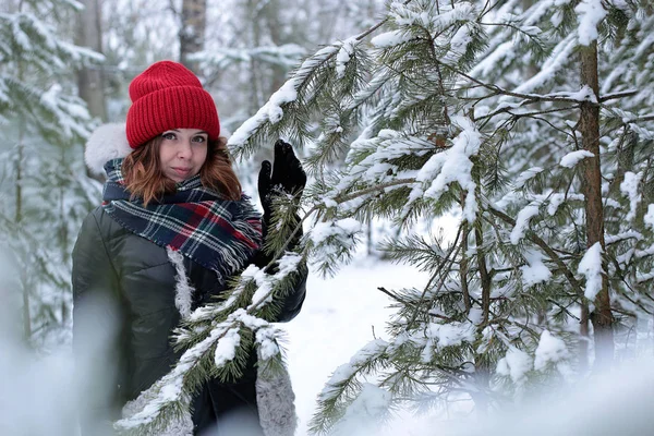 Mujer Joven Con Pelo Jengibre Paseo Invierno Bosque Clima Frío — Foto de Stock
