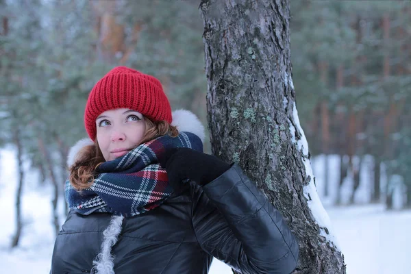 Gyönyörű Lány Zöld Szemekkel Vörös Kalapos Vörös Hajjal Egy Téli — Stock Fotó