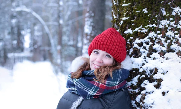 Привлекательная Девушка Зелеными Глазами Рыжими Волосами Гуляет Зимнему Заснеженному Лесу — стоковое фото