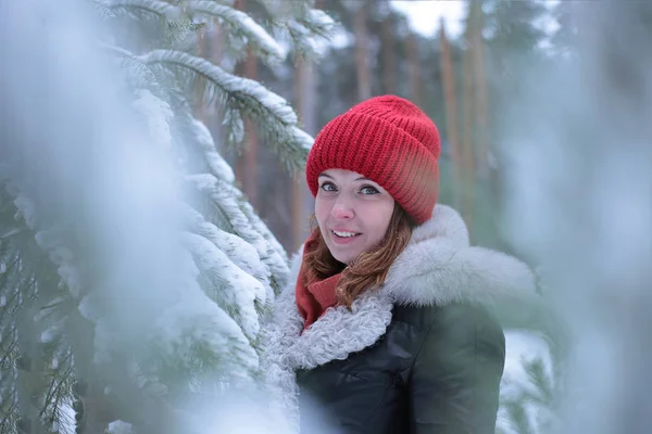 Gyönyörű Vonzó Lány Zöld Szemekkel Vörös Hajjal Sétál Téli Havas — Stock Fotó