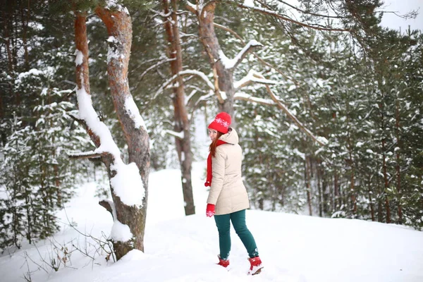 Gyönyörű Vonzó Mosolygós Lány Zöld Szemekkel Vörös Hajjal Sétál Téli — Stock Fotó