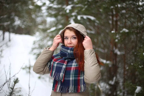 美丽迷人的年轻女子 绿色的眼睛 红头发 带着迷人的微笑 走在冬季雪地的森林里 心情很好 — 图库照片