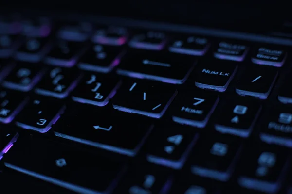 Helder Multicolor Macro Achtergrond Knop Zwart Laptop Toetsenbord Technologie Flikkering — Stockfoto