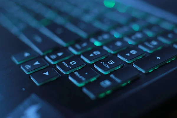 Brilhante Multicolor Macro Fundo Botão Preto Laptop Teclado Tecnologia Cintilação — Fotografia de Stock