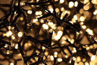 Bir çelengin renkli ışıklarıyla parıldıyor.