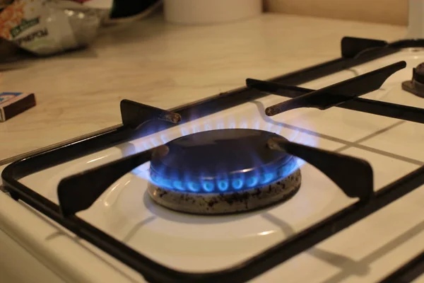 Burning Gas Burner Kitchen Stove Fire Cooking — Stock Photo, Image