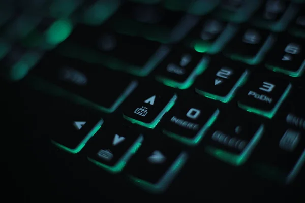 Φωτεινό Πολύχρωμο Μακροεντολή Φόντο Τρεμοπαίζει Βίντεο Κουμπί Μαύρο Πληκτρολόγιο Laptop — Φωτογραφία Αρχείου