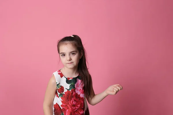 Smiling Girl Eight Years Old Beautiful Dress Pink Background Joyful — ストック写真