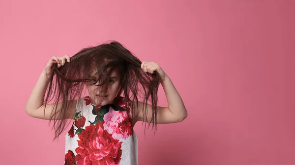 Smiling Girl Eight Years Old Beautiful Dress Pink Background Joyful — Stockfoto