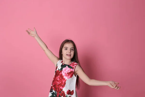 Smiling Girl Eight Years Old Beautiful Dress Pink Background Joyful — 스톡 사진