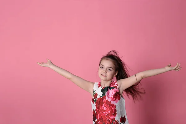 Smiling Girl Eight Years Old Beautiful Dress Pink Background Joyful — ストック写真